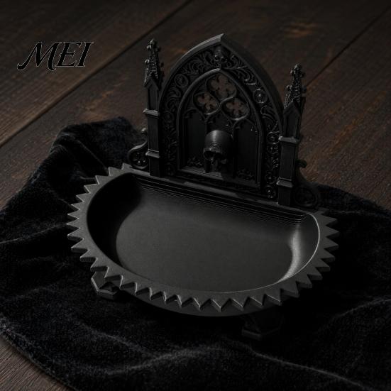 Small Item Storage Tray Church Carving Design Box, Matte Black Desktop Organizer for Rings Jagged Edge Jewelry Bracelets Goth Decor, Gothic Style And