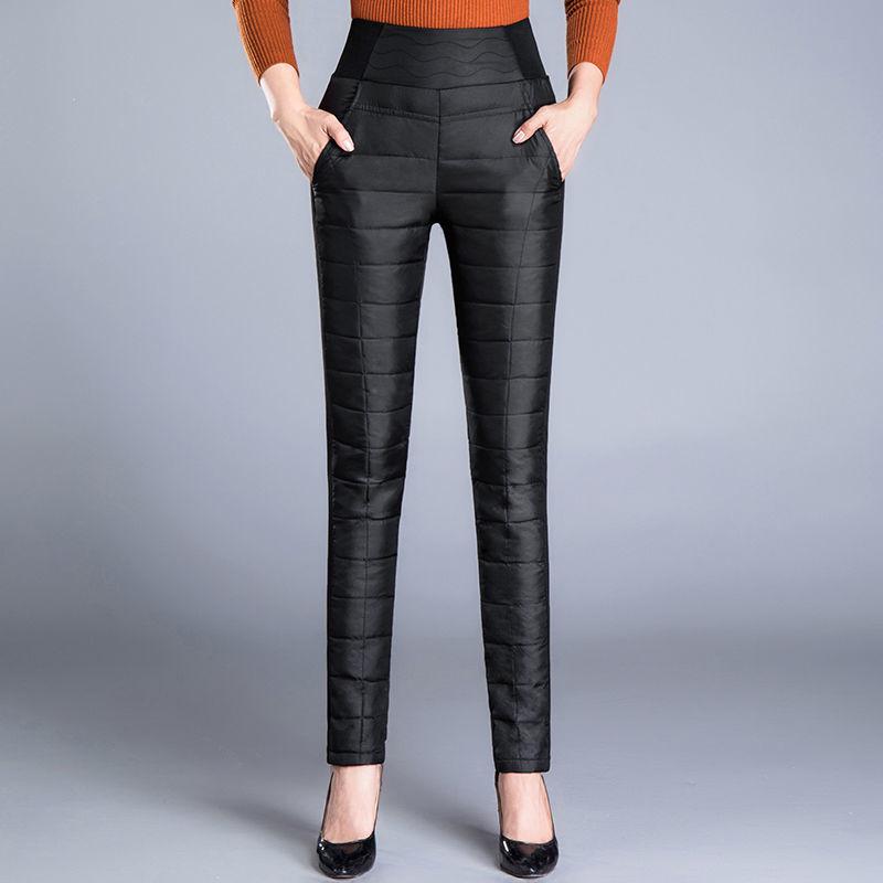 Женские утепленные пуховые брюки с высокой посадкой - Приталенный крой, Большой размер, На флисовой подкладке, Теплая зимняя одежда для женщин среднего и пожилого возраста