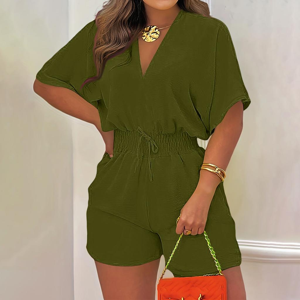 Ladies' Loose And Comfortable Summer V-neck Jumpsuit With A Drawstring