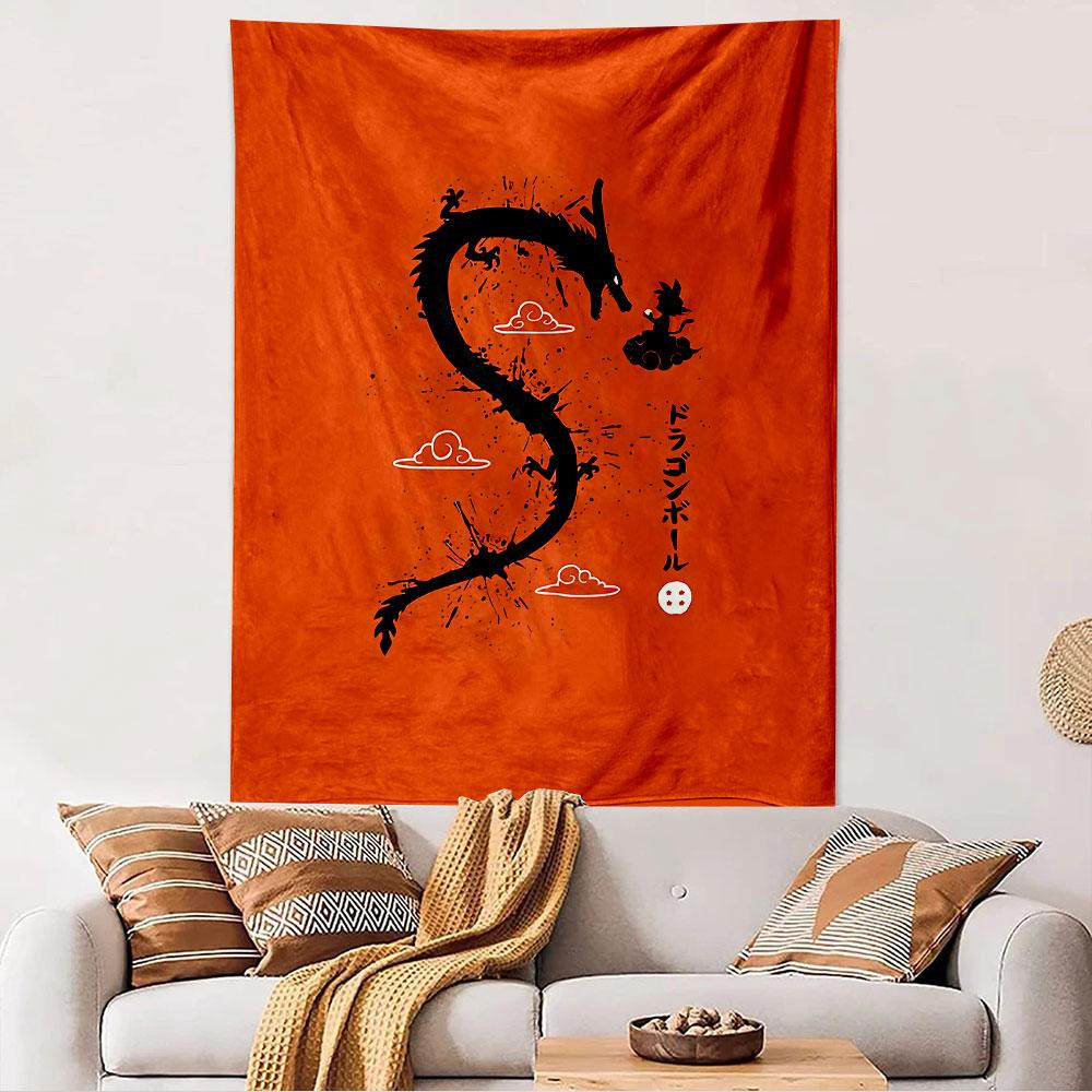 Dragon Ball Ink Dragon Art Tapestry Wall Hanging, Japanese Anime Kanji Poster, Anime Wall Decor for Bedroom Living Room Dorm