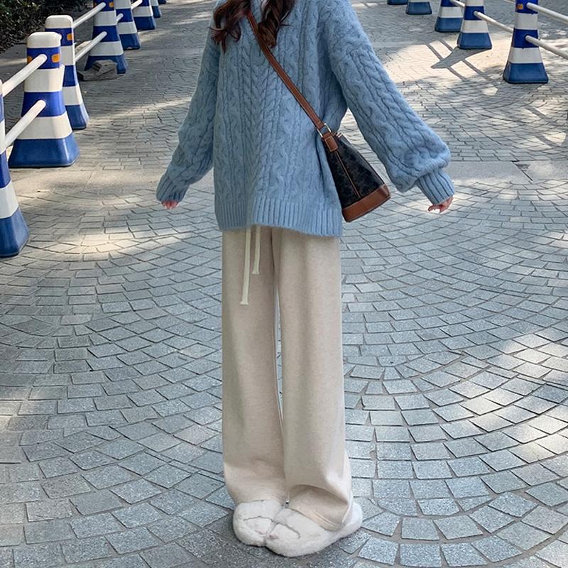 Autumn Winter Women Thickened Wide-leg Pants Fashion Casual High-waisted Drawstring Long Pants Plus Size Solid Color Straight Trousers 2345