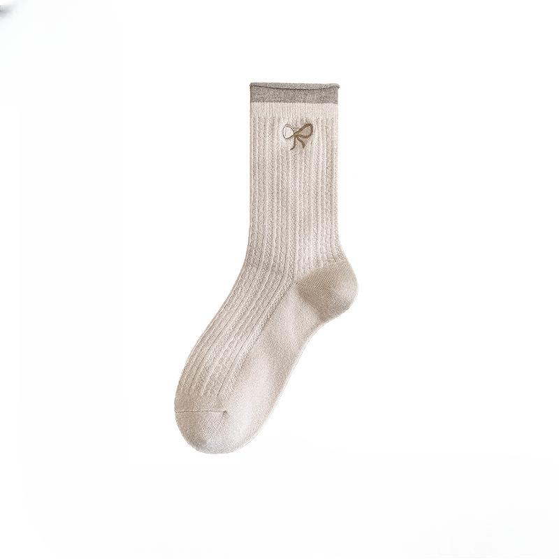 Женские осенне-зимние вышитые носки-гольфы с бантиком и закрученным краем, сочетающихся цветов, дышащие, впитывающие пот