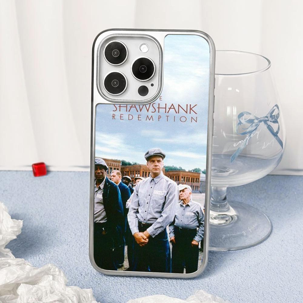 Classic movie poster Shawshank pattern Phone Case for iPhone 16 15 14 13 12 11 Pro Max Sheepskin Silver-edged protective case