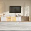 TV Lowboard with LED Lighting, Extendable, 2 Drawers + 2 Glass Sliding Doors + 1 Compartment, Storage Space, Side Shelf, White & Wood, 175×40×35,5 cm