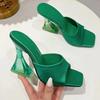 Summer Women'S Green High Heel Slippers Silky Wide Band Transparent Strange Sandals  Female Comfortable PU Leather Slides Pumps