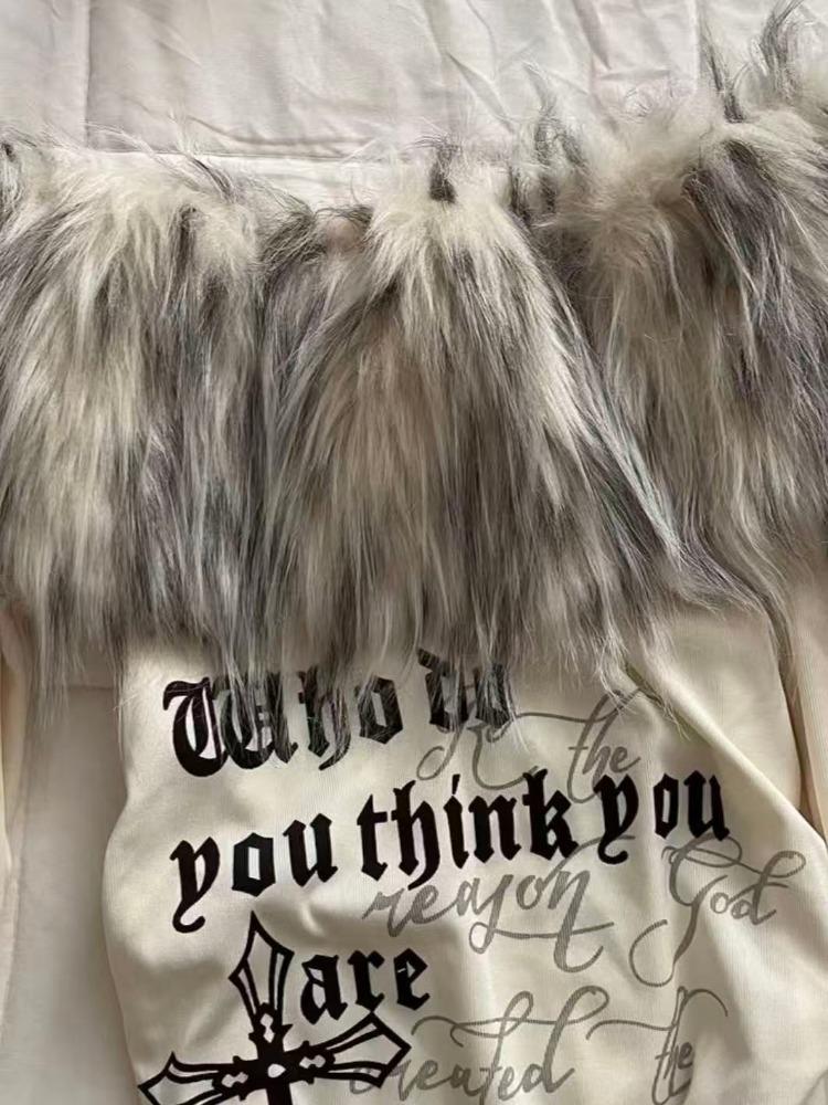 American Vintage Print Fur Stitched Tops Women 2000s Y2k One Shoulder T-shirt Thin Sweet Babes High Street Casual Base Layer Clothes