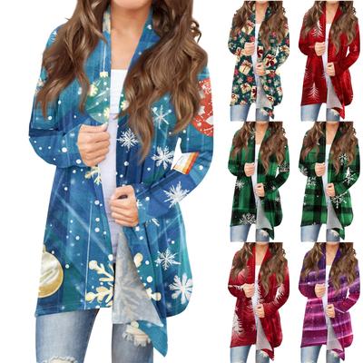 Женская мода, повседневный рождественский принт, кардиган средней длины, куртка, пальто
