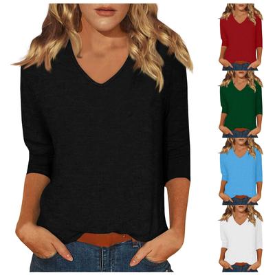 Женская мода на каждый день Повседневная футболка с v-образным вырезом и семиточечным рукавом с принтом Топ