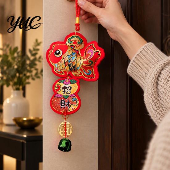 Festive Chandelier for Fireplace Chinese New Year Decoration, Red Fu Character Hanging Pendant with Embroidered Bells Spring Festival Bell Festival,