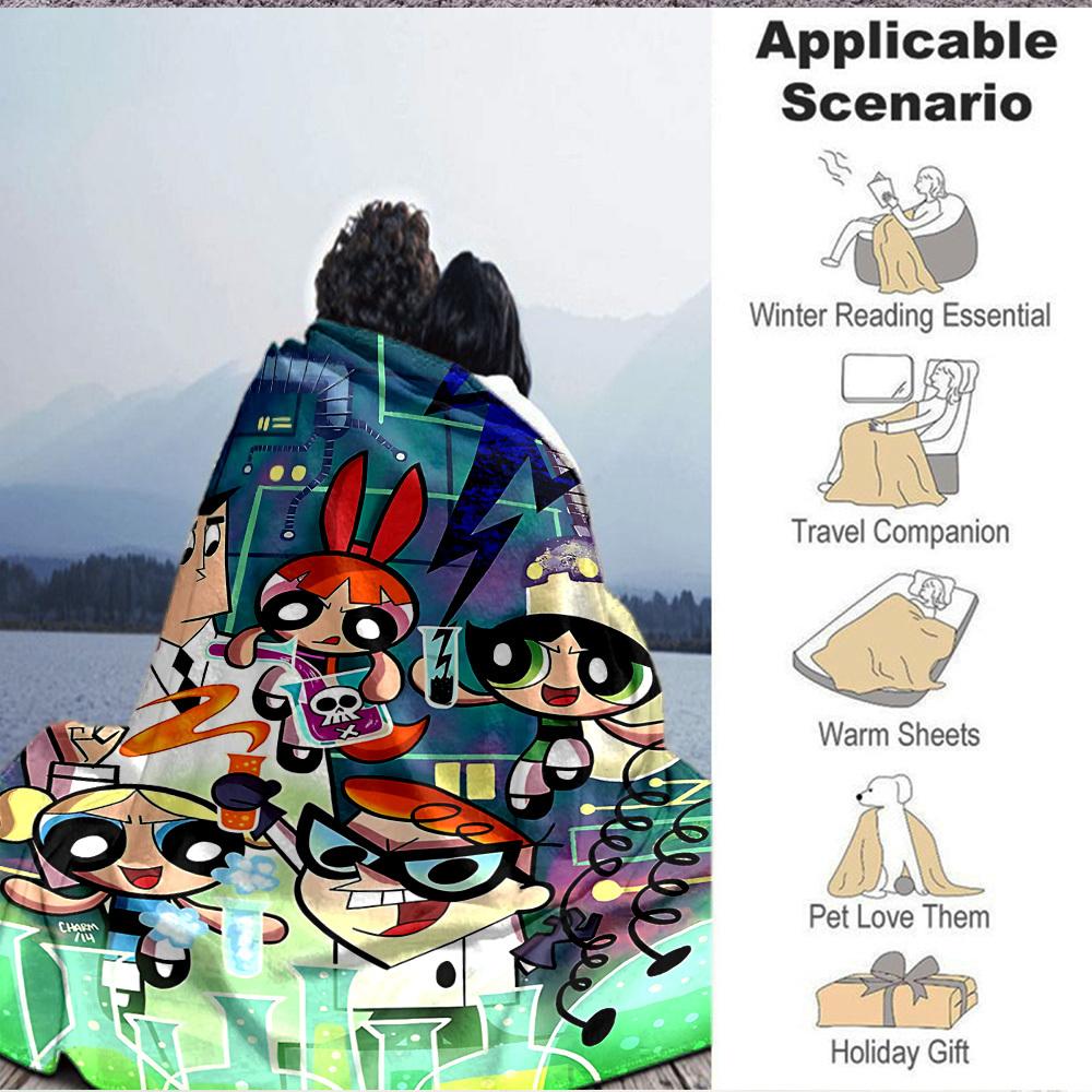 1pc Powerpuff Girls Flannel Throw Blanket HD Printed Lightweight Soft Warm All Season Blanket for Sofa, Bed, Travel, Camping Machine Washable