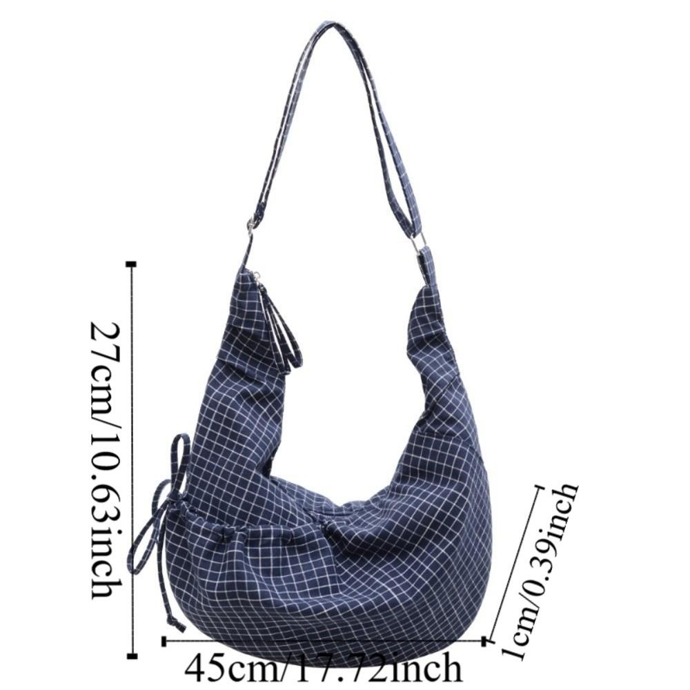 Vintage Trendy Cow Horn Bag Pleated Plaid Lightweight Canvas Bag Zipper Closure Large Capacity Crossbody Bag Leisure