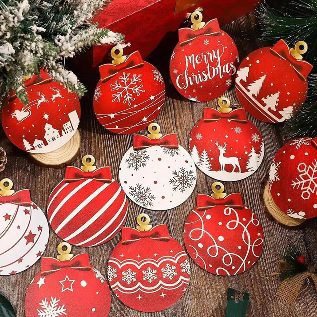 12pcs Wooden Christmas Ball Pendant Christmas Gift Decoration Christmas Tree Hanging Home Room Decor Outdoor Accessories for Holiday Decorating Use