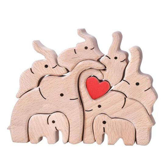 Wooden Elephant Family Puzzle Ornament Love Heart Mother Father Baby Elephant Jigsaw Table Sign Home Office Desktop Decoration