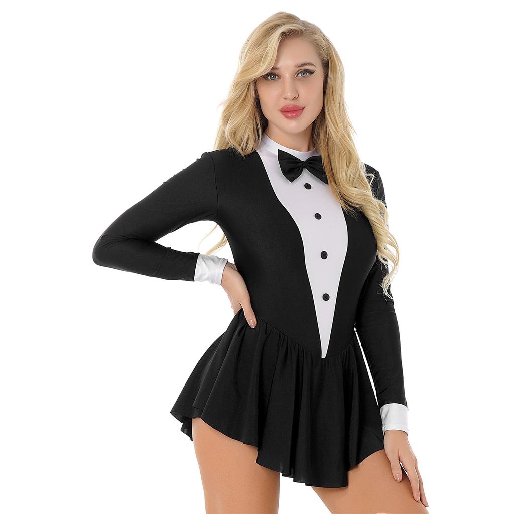 Women's Party Hostess Costume S-XXL: Stylish Contrast Tuxedo Dress Featuring Bow Buttons and Long Sleeve Ruffle Cuffs
