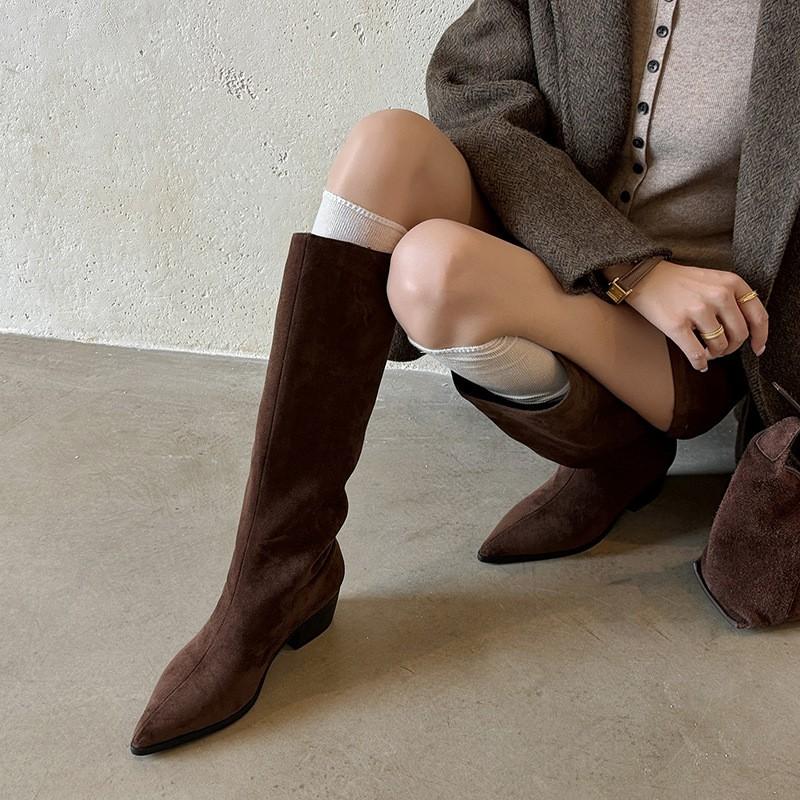 4.5cm British Style Slim Knee High Boots Pointed Toe Chunky Heel Winter Womens Fashion