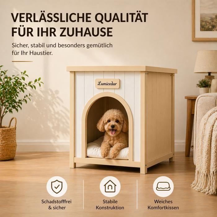 FSC Solid Wooden Dog Cage, Dog Side Table with Cushion, Scandinavian Style Indoor Niche 53x51x60cm
