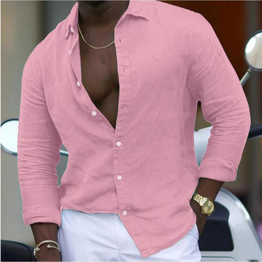 New Cotton-linen Blend Men's Long-sleeved Shirt Solid-colour Casual Collared Shirt