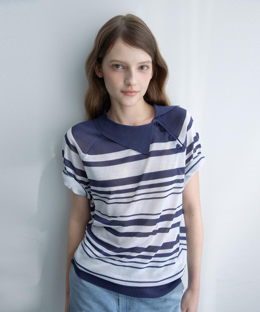ODER Side Collar Stripe Pullover - Navy