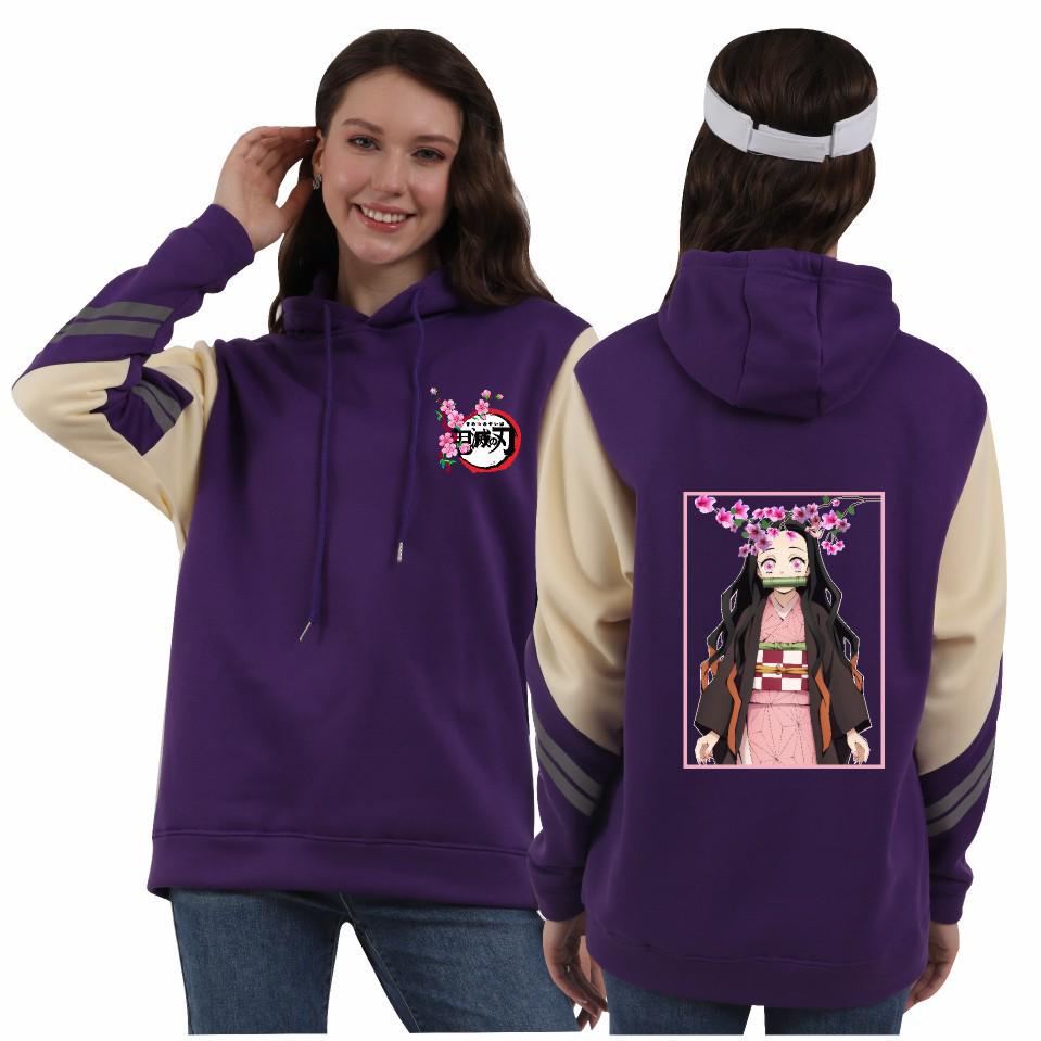 Demon Slayer Women's Hooded Sweatshirt with Japanese Anime Series Print and Color Block Stripes