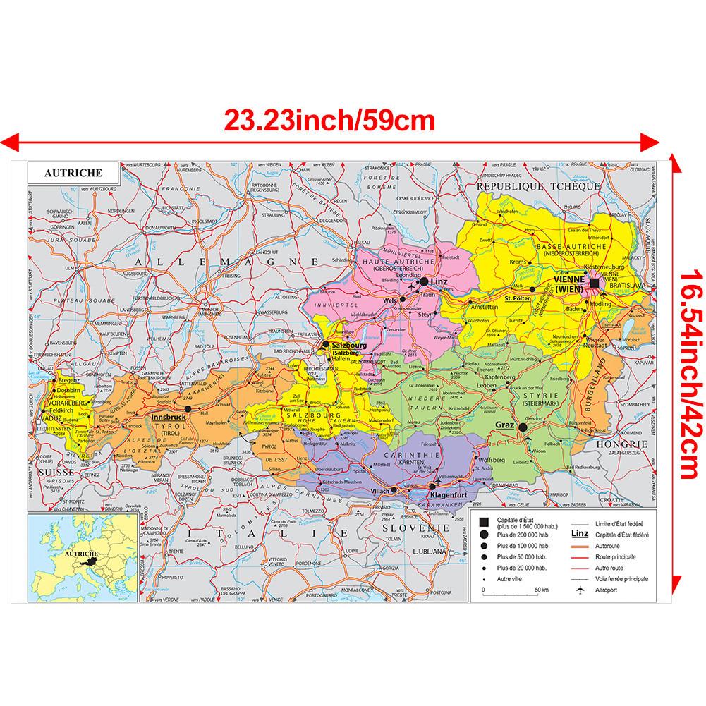 Карта французской серии - административная карта Австрии, настенный декор, подарок, туристический/образовательный инструмент, для гостиной, ванной комнаты, домашнего офиса