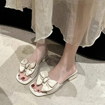 2024 Летние туфли на квадратном каблуке женские мюли зеленые бабочка-узлы шлепанцы сандалии женские большие размеры 42