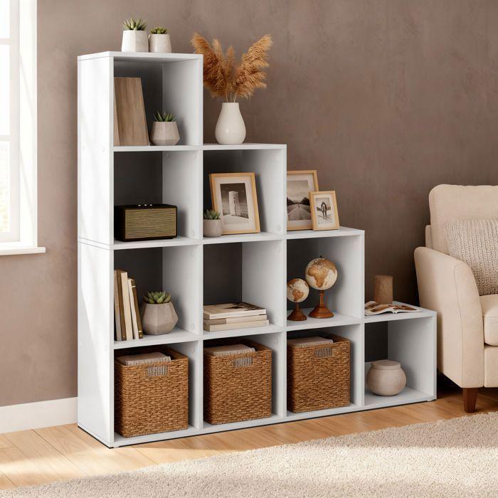 Bibliotheque de Rangement à Casiers, pour Salon, Bureau, Chambre, 10 Compartiments, Blanc