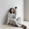 Womens 2-Piece Knit Set Stand Collar Zip-Up Cardigan Long Pants Solid Color Winter Casual Outfit