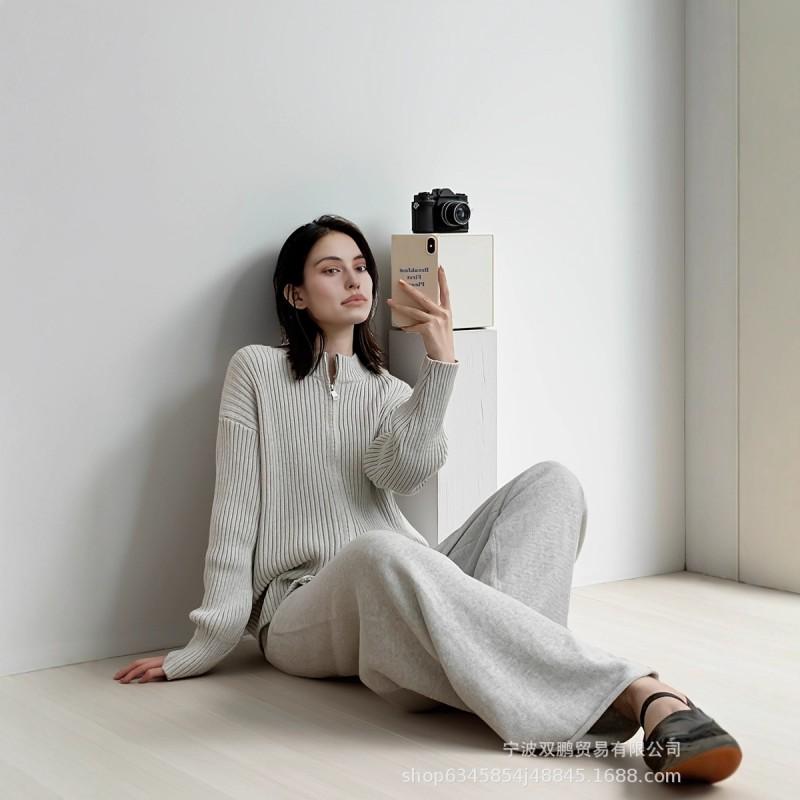Womens 2-Piece Knit Set Stand Collar Zip-Up Cardigan Long Pants Solid Color Winter Casual Outfit