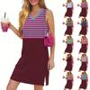 Женское повседневное модное сексуальное платье без рукавов с V-образным вырезом и разрезом по низу в полоску
