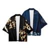 Men Shirt Japanese Style Traditional Kimono Quarter Sleeve Print Cardigan Bird Three Loose Thin Mid Length Daily Top Coat
