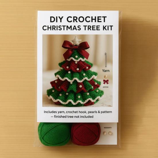 Handmade Crochet Christmas Tree DIY Xmas Tree Crochet Craft Starter Set with Bow And Faux Pearl for Beginners Knitting Holiday Decoration