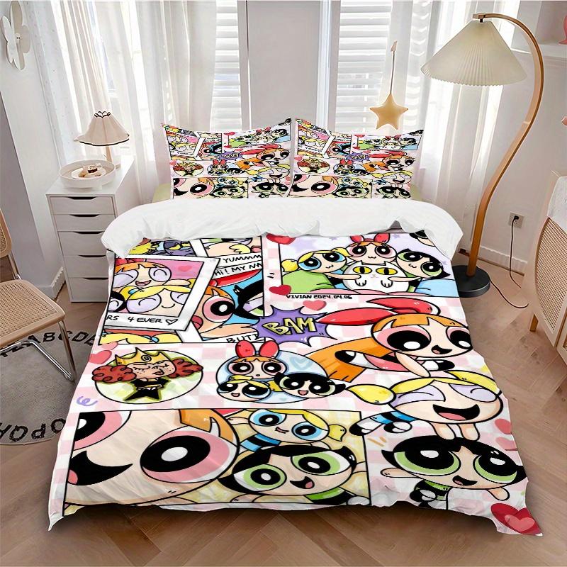 3pcs Powerpuff Girls Collection Bedding Set, Including 1 Quilt Cover and 2 Pillow Shams, Without Filling, Soft and Comfortable Home Bedroom Fabric, Fa