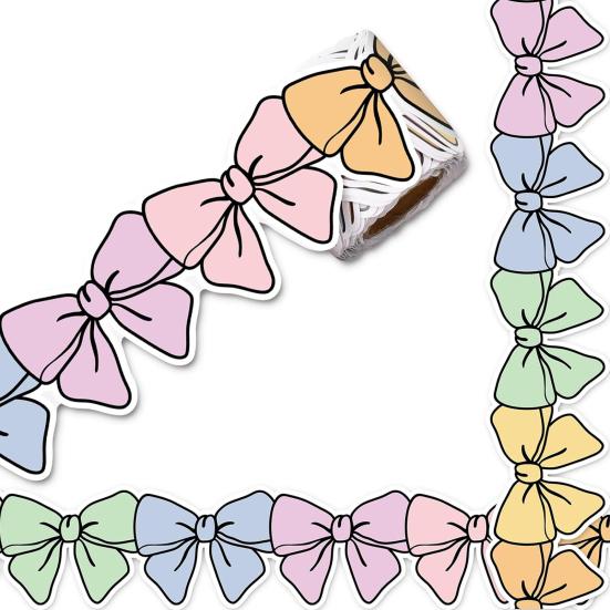 Pastel Bow Bulletin Board Borders Self-Adhesive Classroom Decor Colorful Cut-Out Trims for Whiteboard Blackboard Office School Decorations