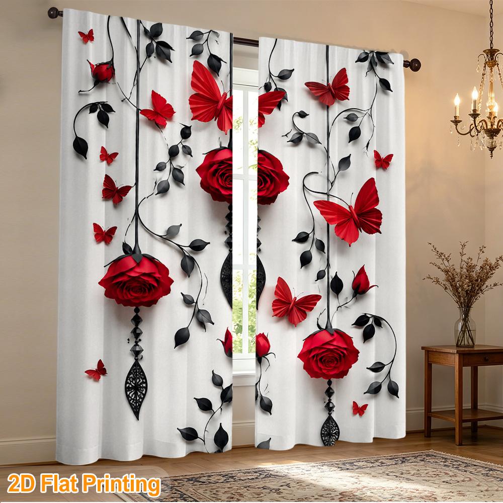 2pcs Rod Pocket Curtain with Red Roses Butterflies Black Vines Print, Stylish Window Drapes for Home Decor Living Room Bedroom