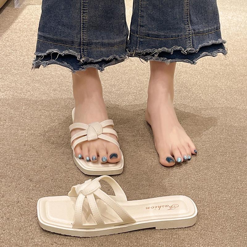 Леди стиль носить женские шлепанцы на плоской подошве летний стиль повседневные универсальные пляжные мягкая подошва нескользящие показывающие ноги тонкие женские шлепанцы