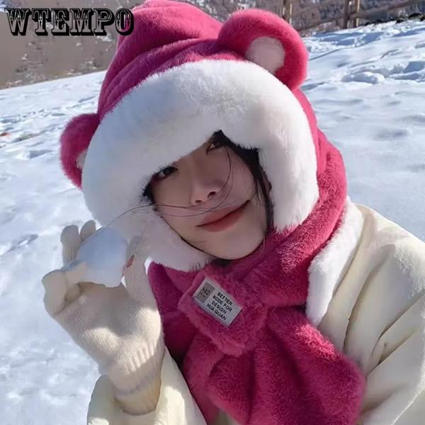 WTEMPO Cold-proof Windproof Cute Bear Scarf Hats Winter Thickened Plush Ear/Head Protection Outdoor Cycling Warm Skiing Hats