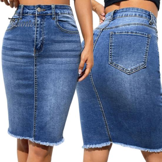 Women Denim Skirt High Waist Button Zipper Fly Multi Pockets Midi Skirt Solid Color Hip Wrapped Tassel Hem Washed Skirt