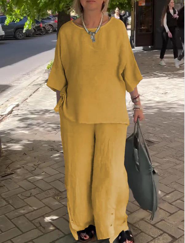 2024 Women's Cotton Linen Fashion Set: Casual Seven-Sleeve Top and Wide-Leg Pants Two-Piece Set