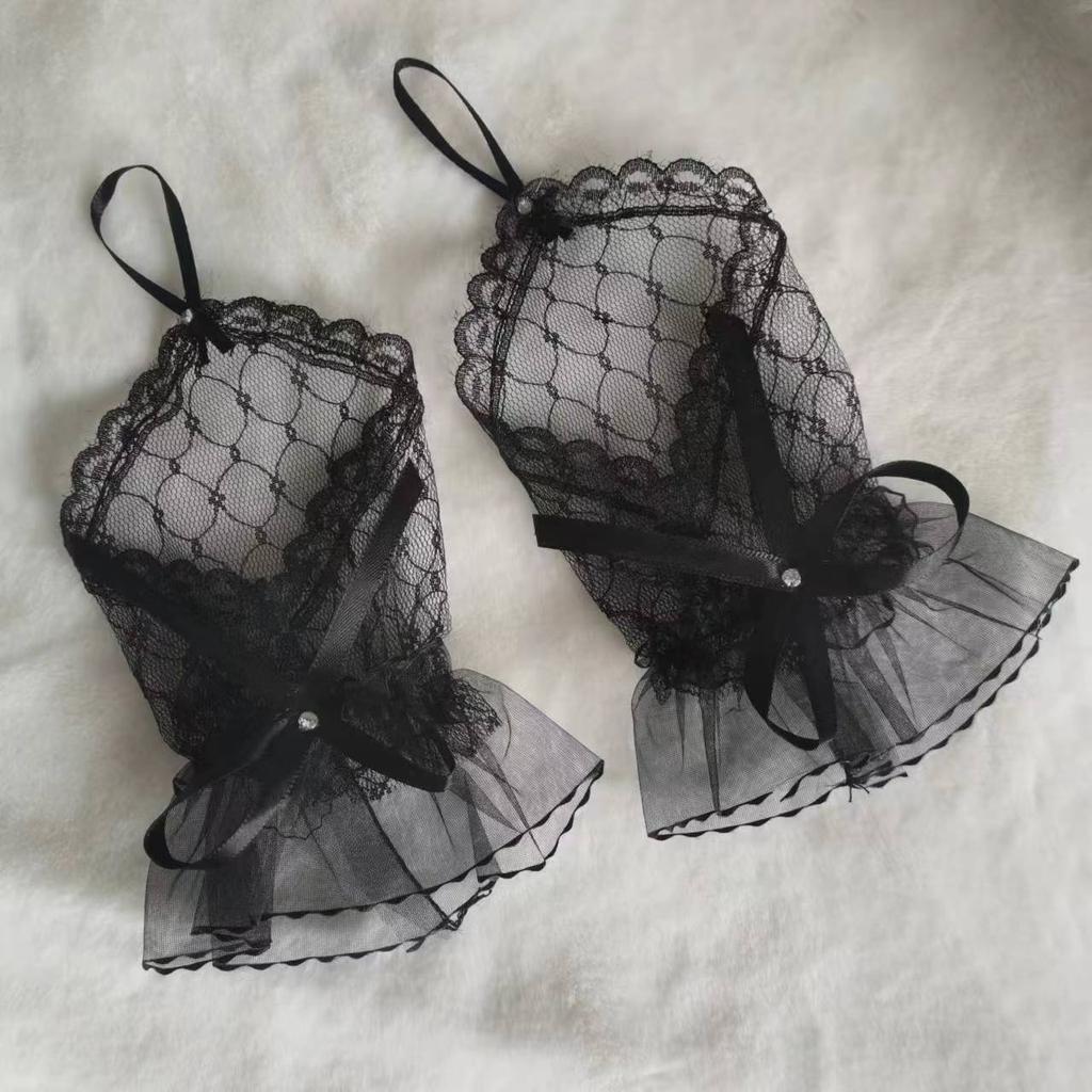 Lace Short Gloves for Women Bridal Wedding Mesh Hand Sleeves with Handmade Ribbon Bow And Hook Finger Glued