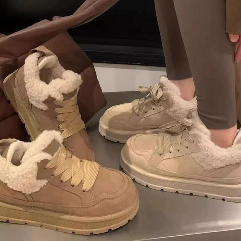 Зимний Стиль Женские Ретро Ботинки на Шнуровке с Круглым Носком на Низком Плюшевом Толстом Каблуке Модные Дизайнерские Женские Вулканизированные Туфли