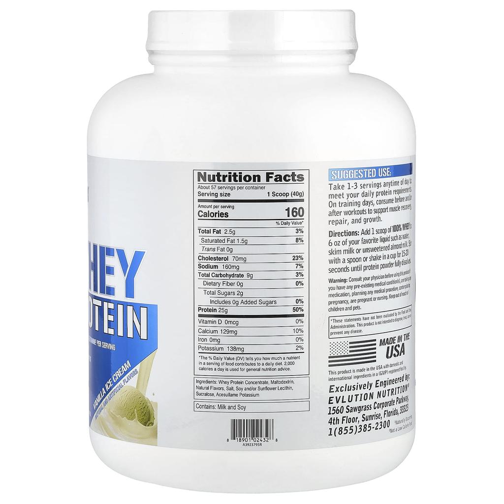 EVLution Nutrition, 100% Whey Protein, Vanilla Ice Cream Flavor, 5 lb (2.268 kg)