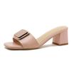 Fashion Buckle Slippers Women's Summer Shoes Pink White Mules Genuine Leather Block Heels Party Shoes Ladies Sandals Large Size