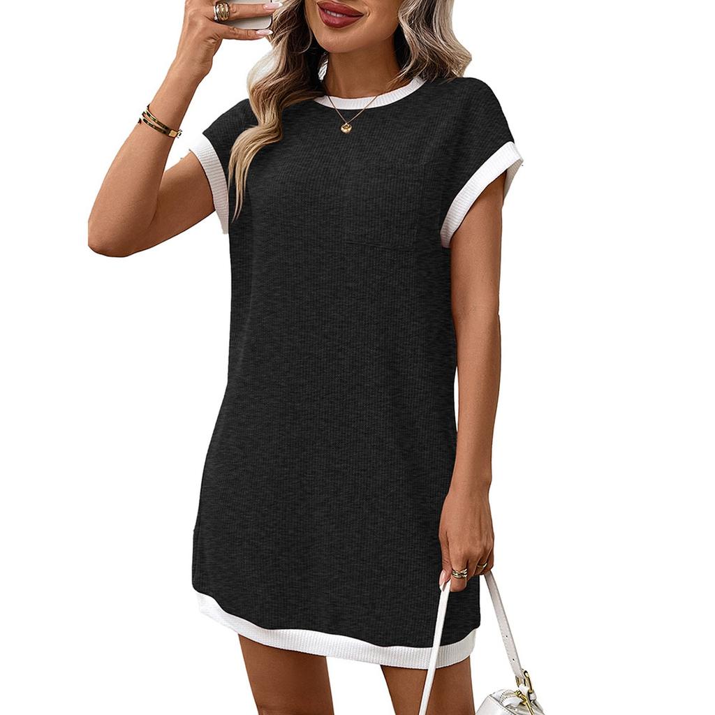 Women's Round Neck Casual Contrasting Short Sleeved Pocket Dress