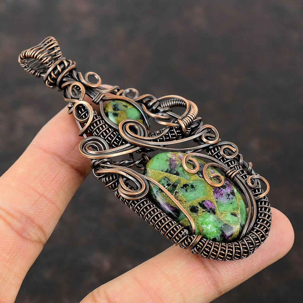 Медный рубин, кулон с цоизитом, медная проволока, кулон, ювелирные изделия ручной работы, кулон с драгоценным камнем, рубин, цоизит, медные украшения, подарок для особого случая