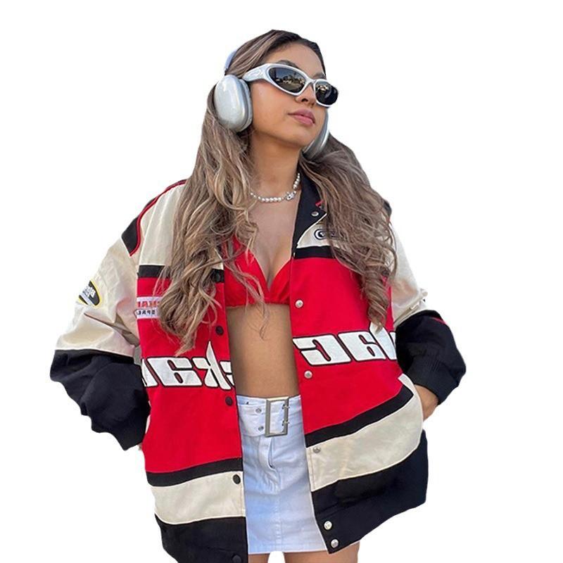 Winter Womens Casual Jacket Sporty Print Loose Stand Collar Long Sleeve Windbreaker