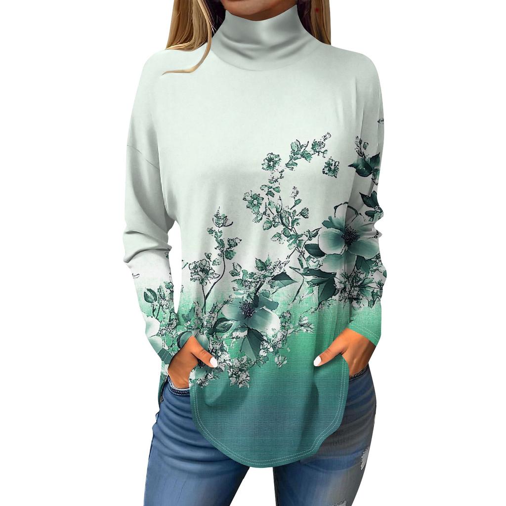 Women's Fashionable Casual High Neck Printed Long Sleeve T-Shirt Pullover Top