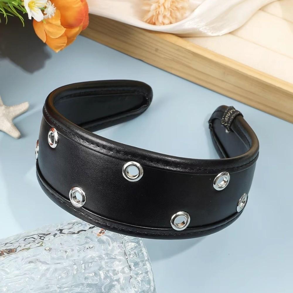 Punk Leather Headband Wide Hollow Ring Hair Hoop Metal Rivets Headwear Travel Shopping