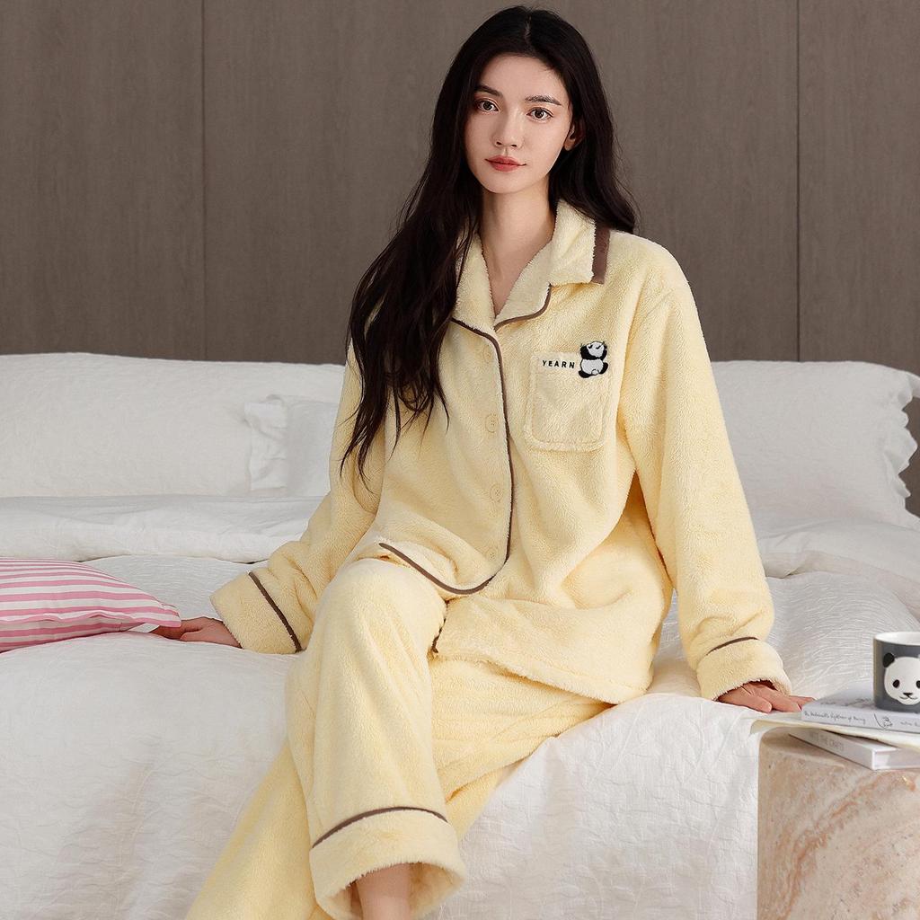 Women's Winter Flannel Pajama Set: Long Sleeve Cardigan & Warm Coral Fleece with Cartoon Panda Design