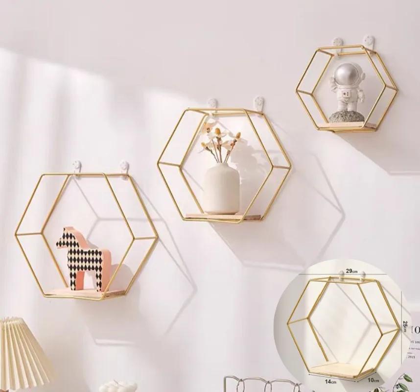 Iron Art Storage Shelf Wall Mounted Hexagon Storage Holder Storage Rack for Bedroom Living Room Office Organizer Decor