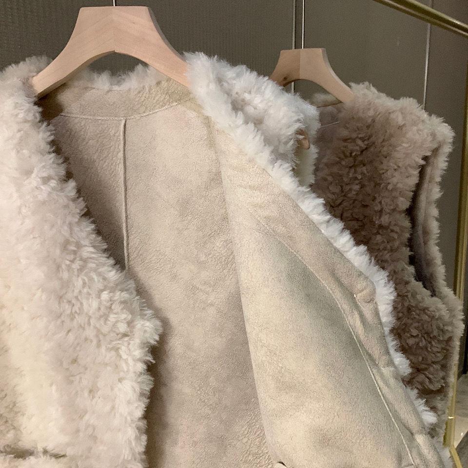Меховой жилет пальто женский без рукавов все сочетается жилет осень зима V-образный вырез пуговицы теплый ягненок шерсть безрукавная куртка